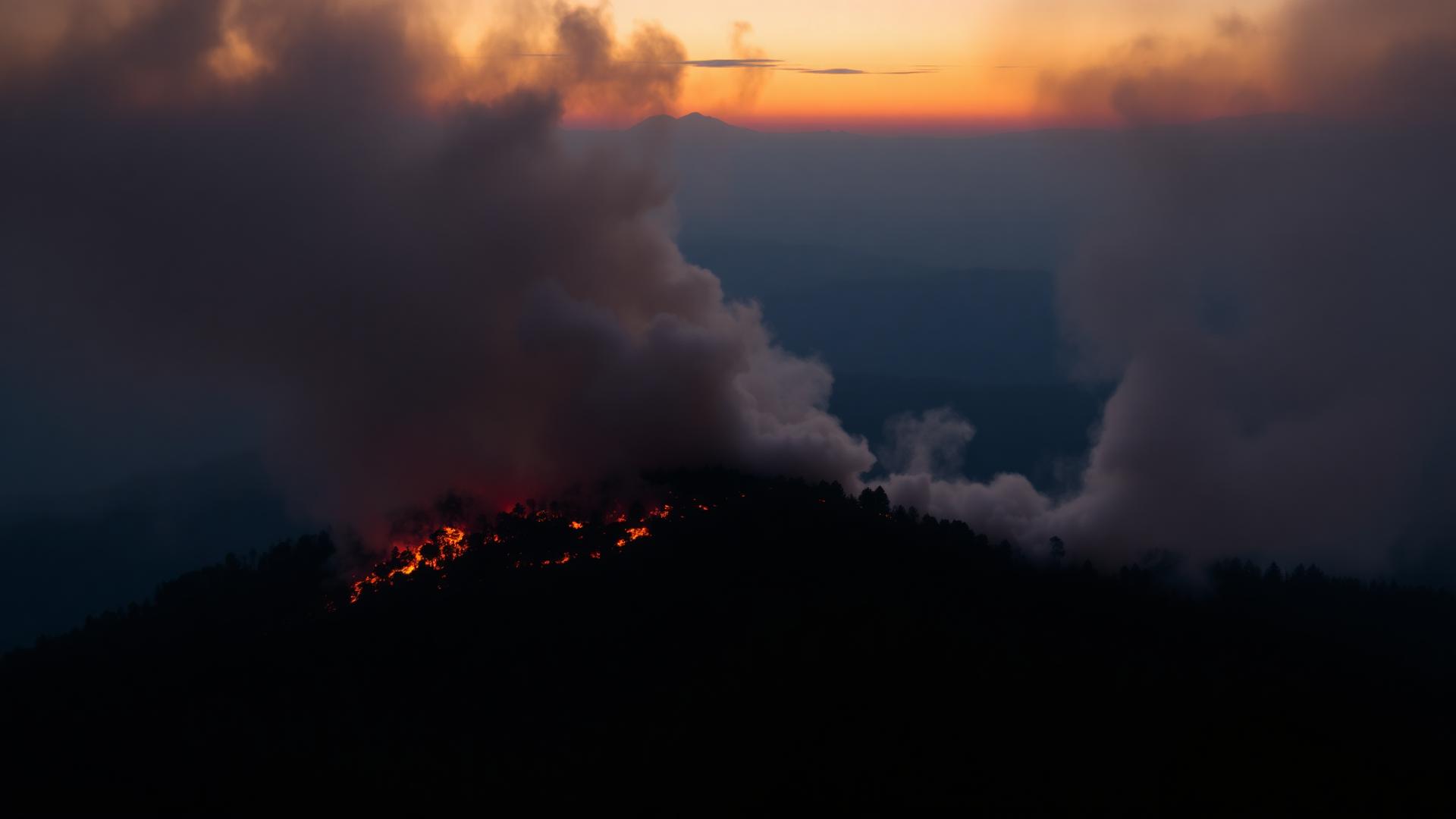 Wildfire on a forested ridge at dusk